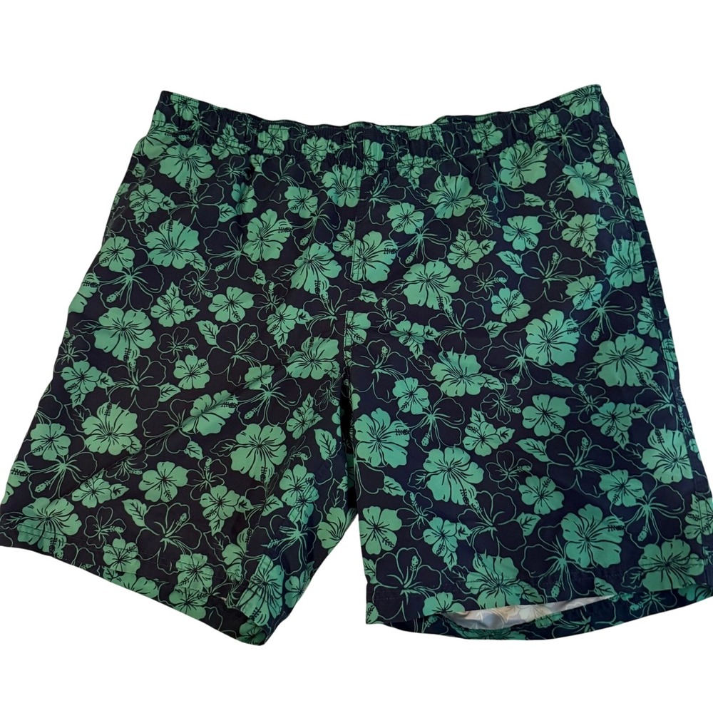 Lands End Men's XL Floral Swim Trunks Board Shorts Navy‎ Green Hibiscus